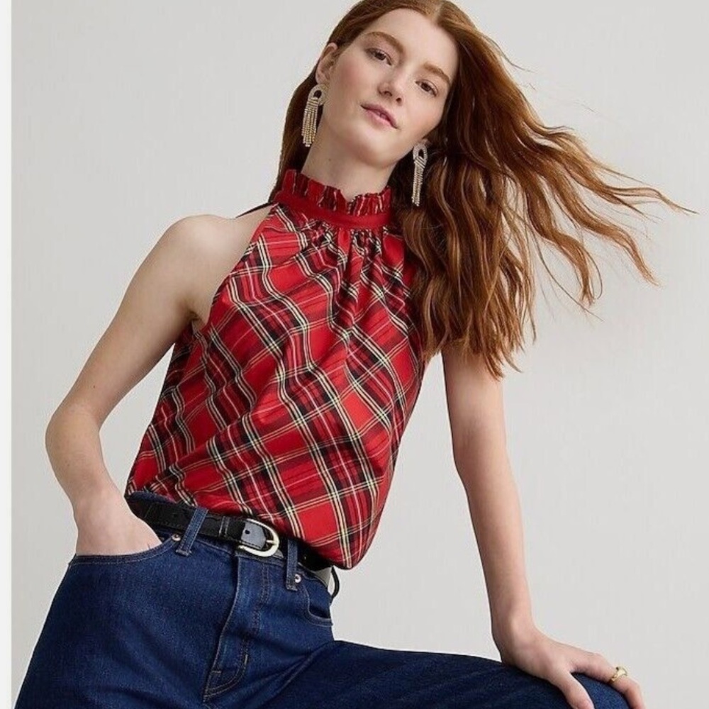 J. Crew Ruffleneck sleeveless cotton poplin top in Good Tidings plaid